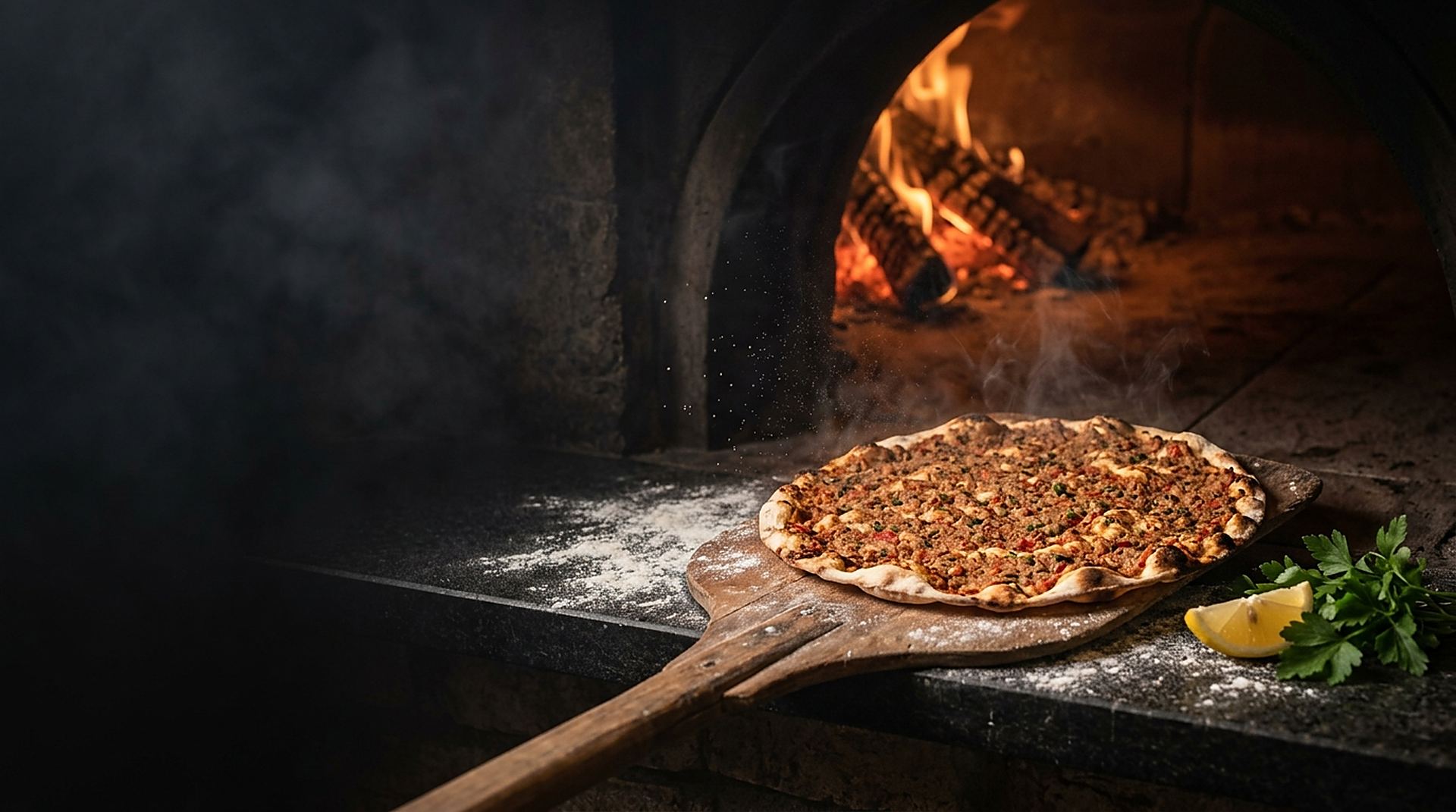 Taş fırından yeni çıkmış lahmacun, ahşap fırın küreğinin üzerinde